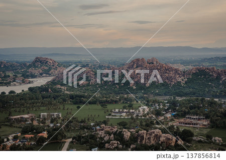View of mountains and Tungabhadra river in Hampi, India 137856814