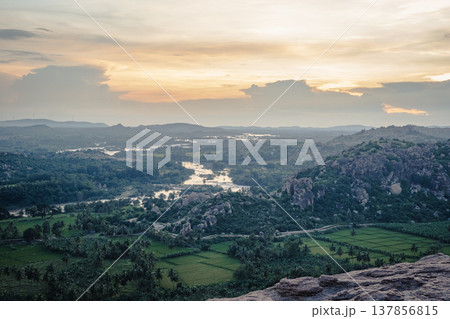 View of mountains and Tungabhadra river in Hampi, India 137856815