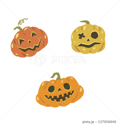 3つのハロウィンかぼちゃ（ジャックオランタン）の手描きイラスト 137856848