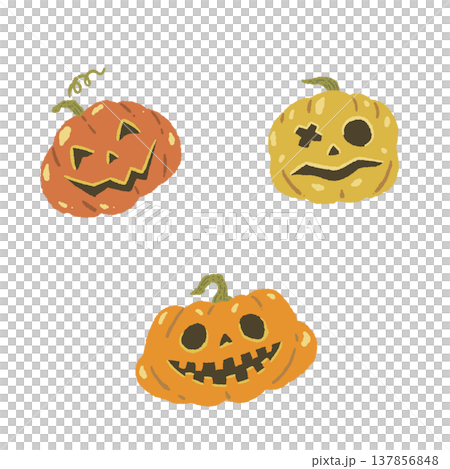3つのハロウィンかぼちゃ（ジャックオランタン）の手描きイラスト 137856848