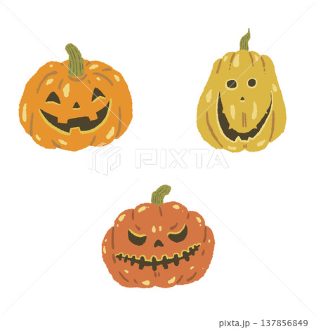ハロウィンかぼちゃ(ジャックオランタン)のグループ手描きイラスト ハロウィンかぼちゃ(ジャックオランタン)のグループ手描きイラスト 137856849