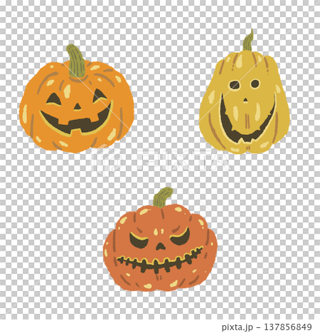 ハロウィンかぼちゃ(ジャックオランタン)のグループ手描きイラスト ハロウィンかぼちゃ(ジャックオランタン)のグループ手描きイラスト 137856849