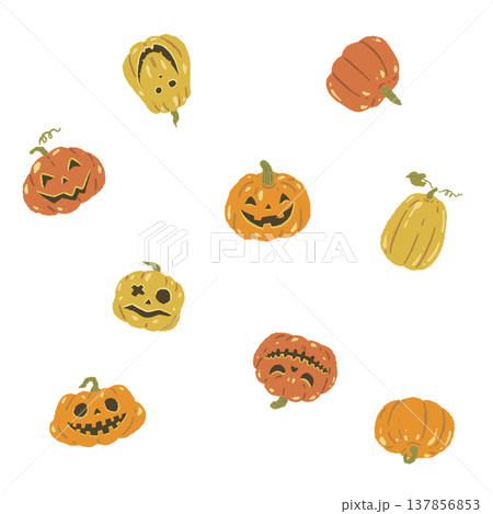 ハロウィンかぼちゃ（ジャックオランタン）の散らし配置手描きイラスト 137856853