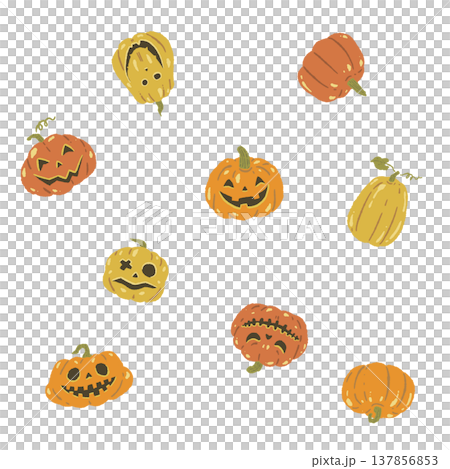ハロウィンかぼちゃ（ジャックオランタン）の散らし配置手描きイラスト 137856853