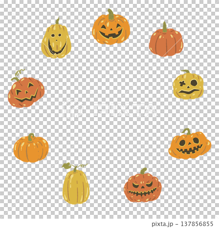 ハロウィンかぼちゃ（ジャックオランタン）の丸型フレーム枠素材 137856855