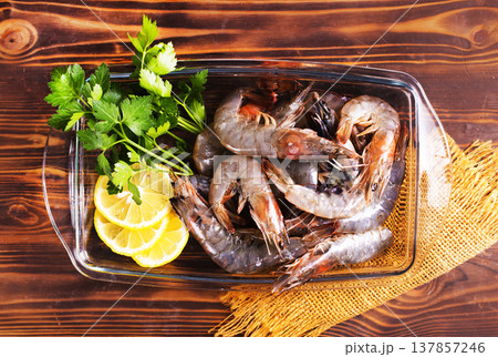 shrimps raw gambas seafood prawn healthy meal food snack on the table copy space food background rustic top view 137857246