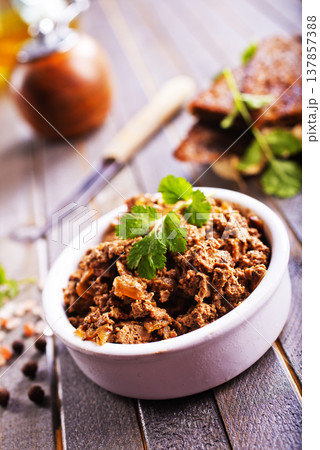 Pate meat chicken liver with mushrooms tasty fresh delicious gourmet food background on the table rustic food top view copy space Pate meat chicken liver with mushrooms tasty fresh delicious gourmet food background on the table rustic food top view copy space 137857388