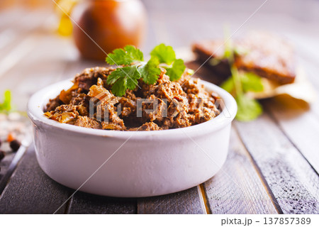 Pate meat chicken liver with mushrooms tasty fresh delicious gourmet food background on the table rustic food top view copy space Pate meat chicken liver with mushrooms tasty fresh delicious gourmet food background on the table rustic food top view copy space 137857389