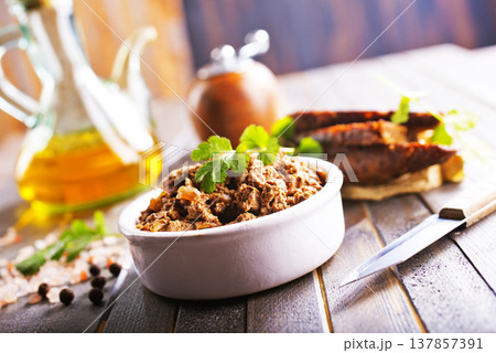 Pate meat chicken liver with mushrooms tasty fresh delicious gourmet food background on the table rustic food top view copy space 137857391