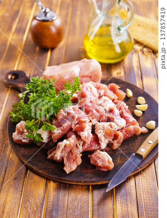 raw meat with spice on wooden board 137857419