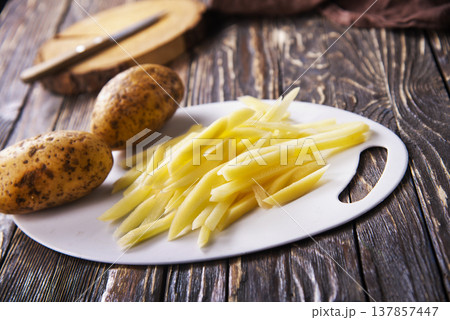 Closeup view of raw French fries. Closeup view of raw French fries. 137857447