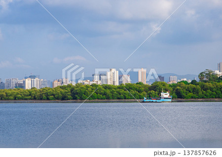 View of Mumbai from the water. Boat on the water 137857626