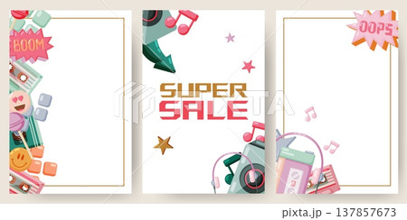 Set of vertical Super Sale templates with retro items Set of vertical Super Sale templates with retro items 137857673