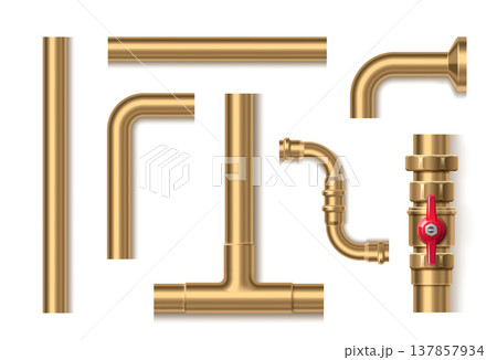 Industrial golden metal pipeline with red screw Industrial golden metal pipeline with red screw 137857934