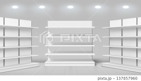 3D supermarket shelves mockup, realistic interior 3D supermarket shelves mockup, realistic interior 137857960