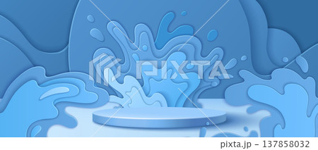 3d round podium stage with blue papercut waves 3d round podium stage with blue papercut waves 137858032