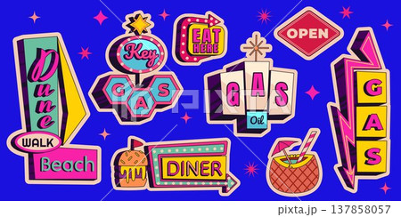 Vintage neon bar and gas station retro signs Vintage neon bar and gas station retro signs 137858057