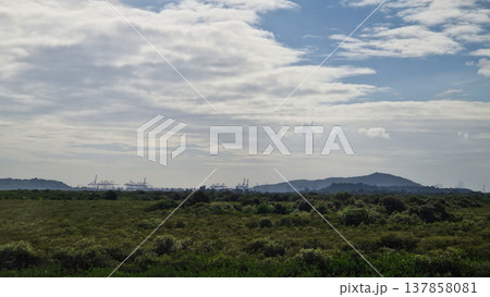 View of mountains and Tungabhadra river in Hampi, India 137858081