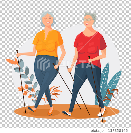 Two friends walk with Nordic walking poles Two friends walk with Nordic walking poles 137858146