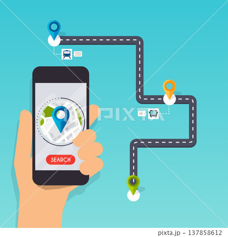 Hand holding mobile smart phone app with track displayed. Navigation concept. Flat design modern vector illustration concept. 137858612