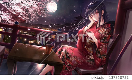月夜と和服の美女 137858721