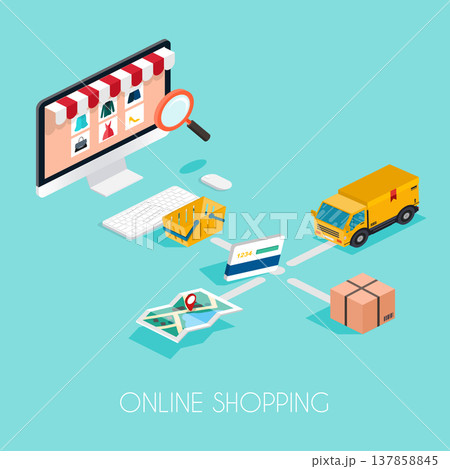 Online shopping. Isometric e-commerce, electronic business, payment, delivery, shipping process infographic concept vector. Online shopping. Isometric e-commerce, electronic business, payment, delivery, shipping process infographic concept vector. 137858845