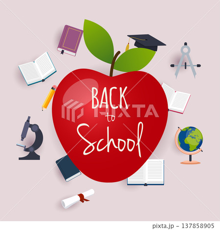 Back to school illustration with apple and books on the background. Flat design modern vector illustration concept. 137858905