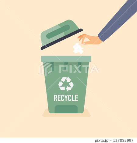 Hand throwing used paper into the trash. Recycling Vector Concept. 137858997