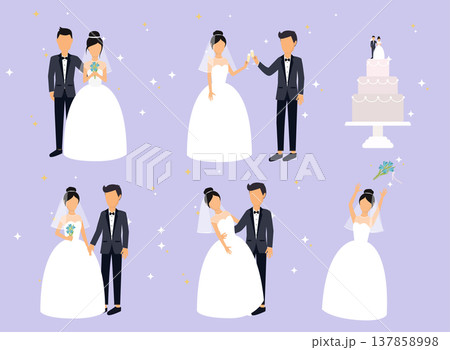 Just married , newlyweds, bride and groom set. Bride and groom. Wedding design. Vector illustration. 137858998