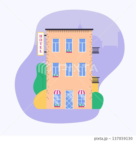 Hotel facade. Ideal for market business web publications and graphic design. Flat style vector illustration. 137859130