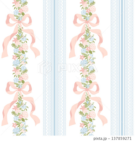 Soft blue floral striped coquette vintage seamless pattern with hydrangea flowers, ribbons. Vector grandmillennial 137859271