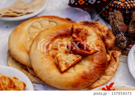 Colorful Array Of Rustic Breads With Intricate Decorations In Lively Market Setting Colorful Array Of Rustic Breads With Intricate Decorations In Lively Market Setting 137859373