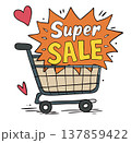 Shopping cart with Super Sale lettering, colorful discount promotion illustration 137859422