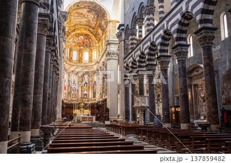 Genoa, liguria, italy. May 18, 2024. San lorenzo cathedral interior, genoa, italy. Exploring historical church architecture with nave, pews, columns, altar, and ceiling frescoes 137859482