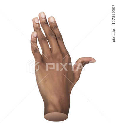 Back view of a raised left hand shown in closeup from an angled perspective. African American male Back view of a raised left hand shown in closeup from an angled perspective. African American male 137859507