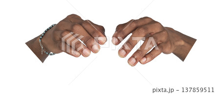 Both open hands form a gentle covering care gesture in closeup. African American male arms create an 137859511