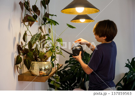 Teenage boy watering indoor plants at home, sustainable lifestyle and indoor gardening 137859563