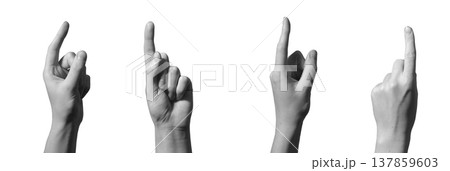 Female left hand points upward with extended index finger in closeup POV. Raised gesture suggests 137859603