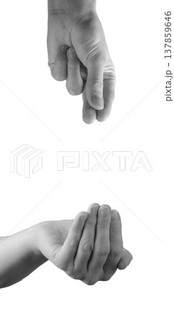 Open palm hand reaches outward creating empty space. Giving and receiving gesture shows nothing held Open palm hand reaches outward creating empty space. Giving and receiving gesture shows nothing held 137859646