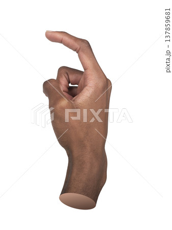Right hand points upward with raised index finger in a virtual clicking gesture. African American 137859681