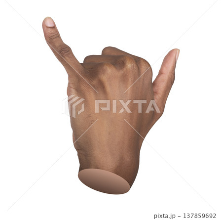 Shaka hand gesture with extended pinky and thumb shown in closeup. African American male hand makes Shaka hand gesture with extended pinky and thumb shown in closeup. African American male hand makes 137859692