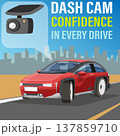 Square design present product of Dash Cam recording on red car. Concept is to ensure confident driving by recording images along the entire route on the road. Background of big city under a blue sky. 137859710