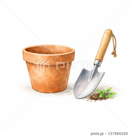 植木鉢シリーズ:植木鉢とスコップの園芸風景 植木鉢シリーズ:植木鉢とスコップの園芸風景 137860208