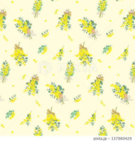 ミモザとユーカリの花束のシームレスパターン 137860429