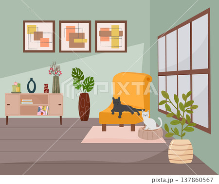 Two cats resting in a cozy modern living room interior. Apartment with yellow armchair, house plants, and minimalist decor. Comfortable home environment, pet lifestyle and relaxation. 137860567