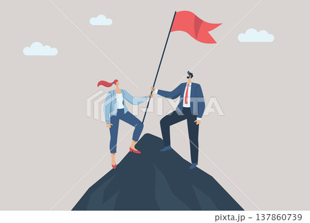 Strong teamwork leading to success for organizations, business people working as a team or partners helping to raise the flag of victory on the top of the highest mountain. Vector illustration. 137860739