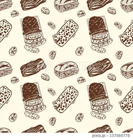 Ciabatta bread seamless pattern with slices in outline doodle style 137860778