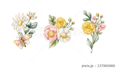 Cute Colourful Meadow Flower Bouquet Set. Watercolor summer spring bloom floral illustration hand painted isolated on white background for nursery baby kids design fresh prints cards posters textile Cute Colourful Meadow Flower Bouquet Set. Watercolor summer spring bloom floral illustration hand painted isolated on white background for nursery baby kids design fresh prints cards posters textile 137860866