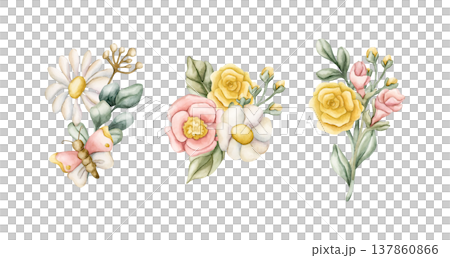 Cute Colourful Meadow Flower Bouquet Set. Watercolor summer spring bloom floral illustration hand painted isolated on white background for nursery baby kids design fresh prints cards posters textile Cute Colourful Meadow Flower Bouquet Set. Watercolor summer spring bloom floral illustration hand painted isolated on white background for nursery baby kids design fresh prints cards posters textile 137860866