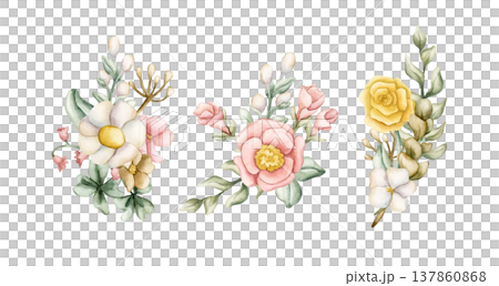 Cute Colourful Meadow Flower Bouquet Set. Watercolor summer spring bloom floral illustration hand painted isolated on white background for nursery baby kids design fresh prints cards posters textile Cute Colourful Meadow Flower Bouquet Set. Watercolor summer spring bloom floral illustration hand painted isolated on white background for nursery baby kids design fresh prints cards posters textile 137860868